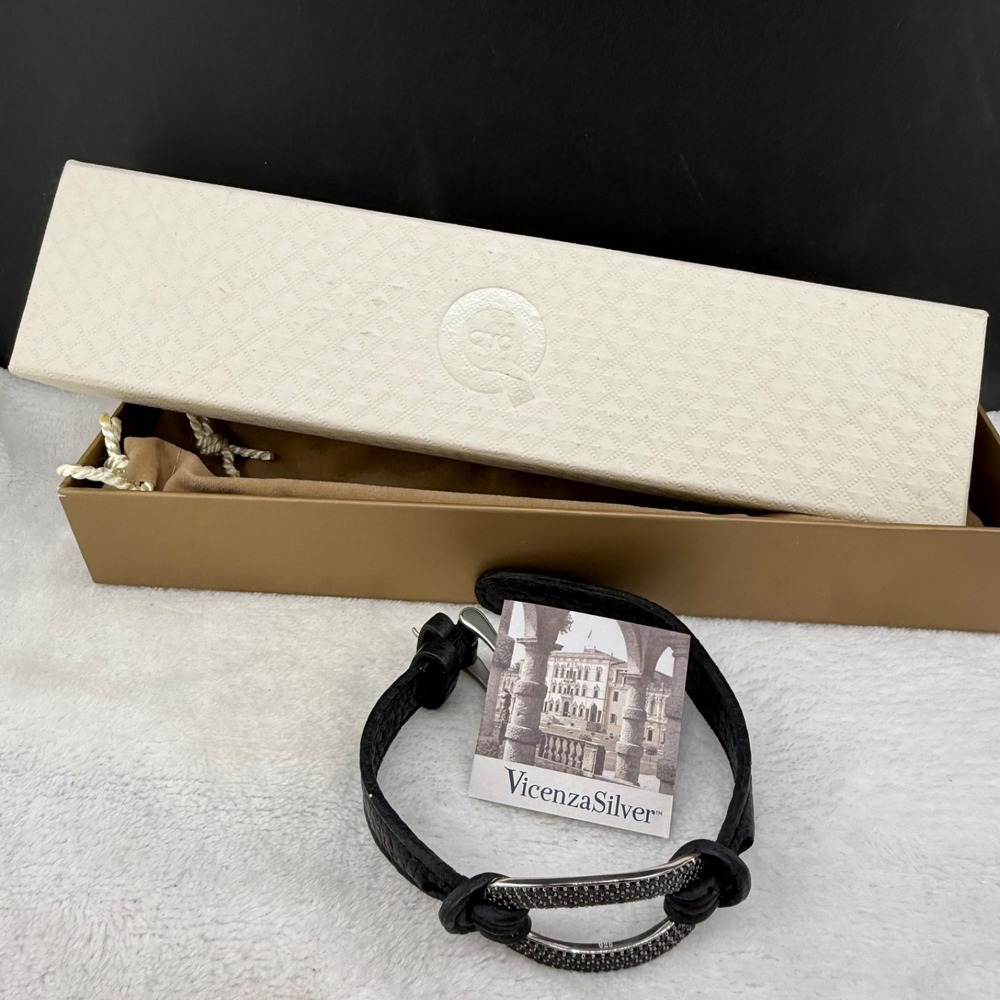 Vicenza Bracelet Silver Black Rhinestone Leather Wrap Buckle 8.5in